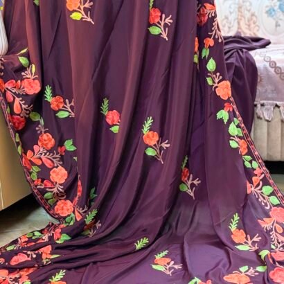 Wine purple Kashmiri pure crepe silk saree featuring authentic Aari Resham border embroidery and running blouse piece.