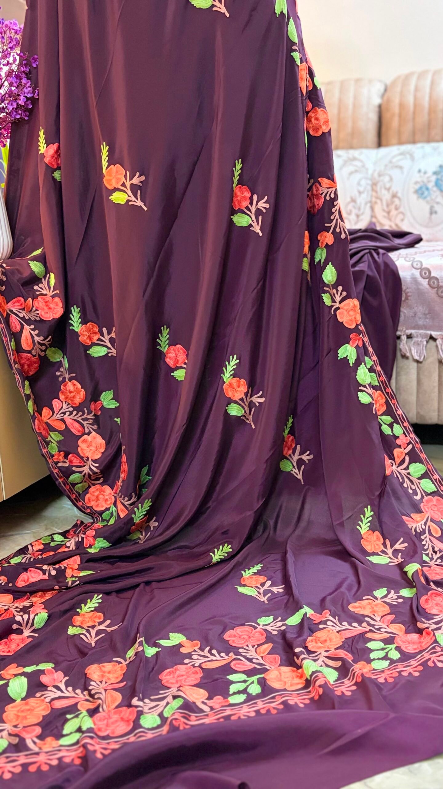 Wine purple Kashmiri pure crepe silk saree featuring authentic Aari Resham border embroidery and running blouse piece.