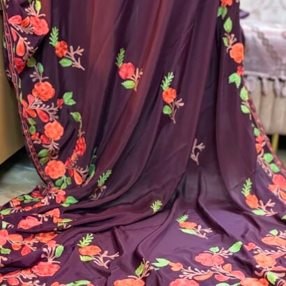 Wine purple Kashmiri pure crepe silk saree featuring authentic Aari Resham border embroidery and running blouse piece.