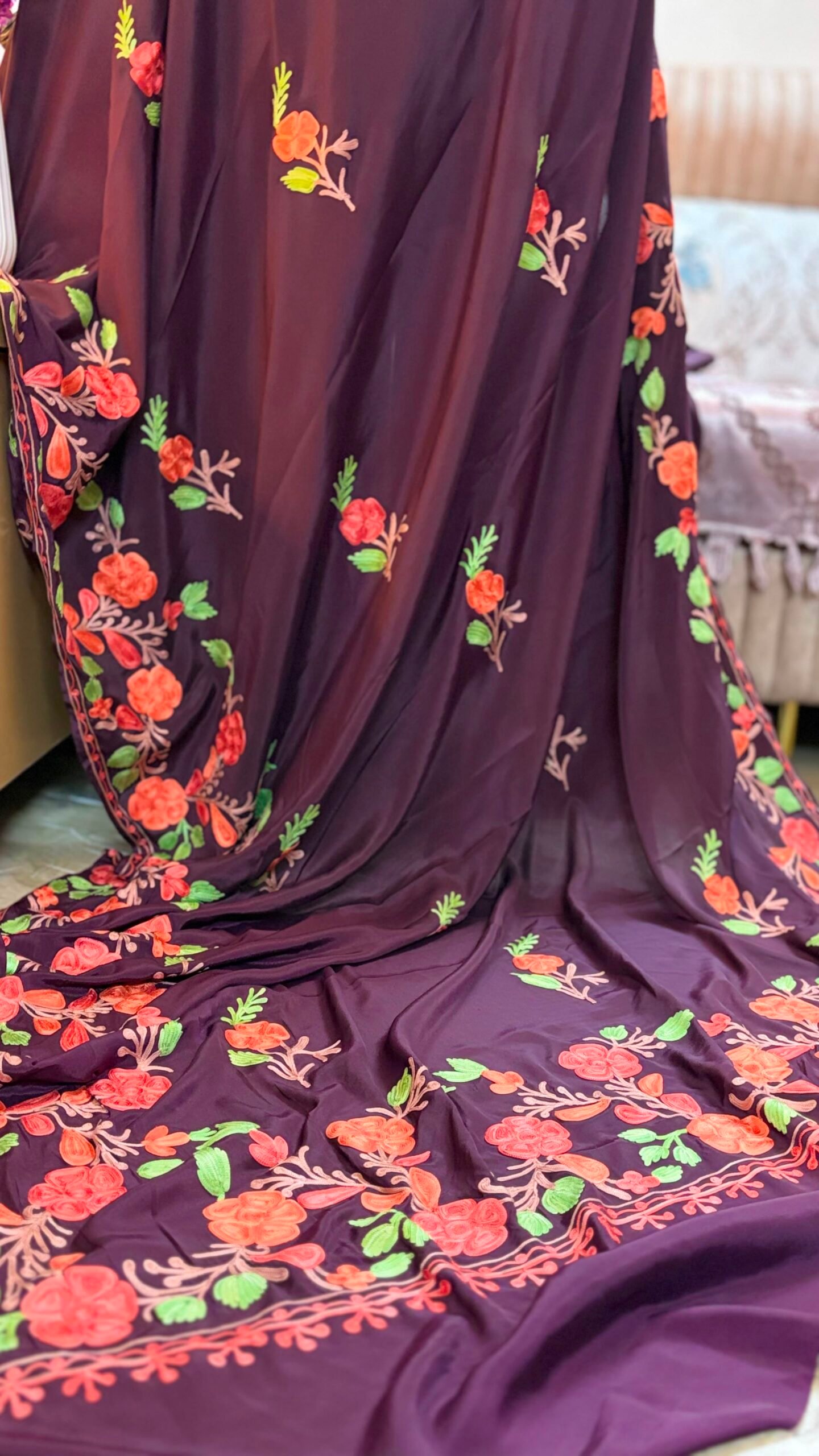 Wine purple Kashmiri pure crepe silk saree featuring authentic Aari Resham border embroidery and running blouse piece.