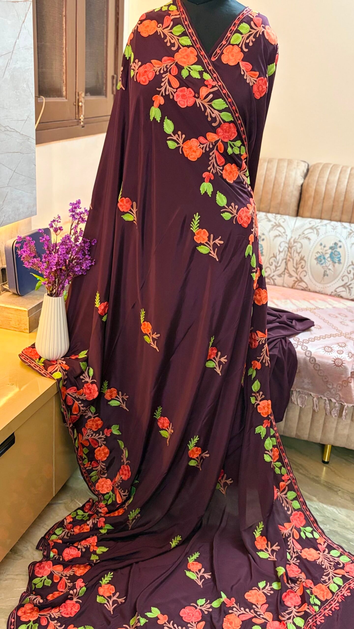 Wine purple Kashmiri silk saree featuring authentic Aari Resham border embroidery and running blouse piece.