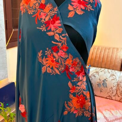 Kashmiri Silk Saree Navy blue with Aari Resham embroidery featuring authentic Aari Resham border embroidery and running blouse piece.