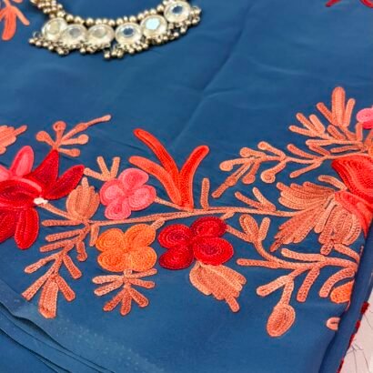 Kashmiri Silk Saree Navy blue with Aari Resham embroidery featuring authentic Aari Resham border embroidery and running blouse piece.