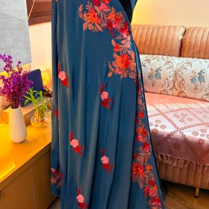 Kashmiri Silk Saree Navy blue with Aari Resham embroidery featuring authentic Aari Resham border embroidery and running blouse piece.