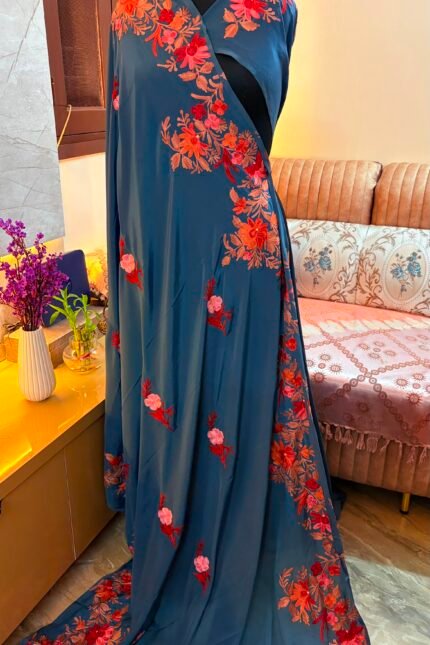 Kashmiri Silk Saree Navy blue with Aari Resham embroidery featuring authentic Aari Resham border embroidery and running blouse piece.