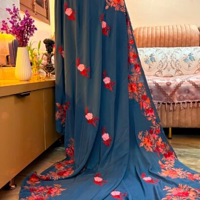 Kashmiri Silk Saree Navy blue with Aari Resham embroidery featuring authentic Aari Resham border embroidery and running blouse piece.