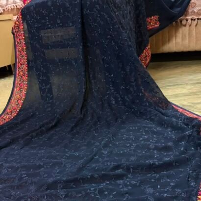 Midnight Navy Blue pure georgette saree with intricate Kashmiri border and Chikankari embroidery body