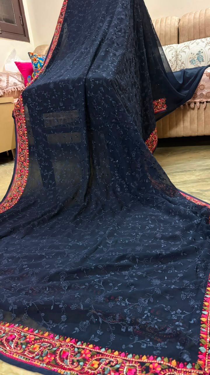 Midnight Navy Blue pure georgette saree with intricate Kashmiri border and Chikankari embroidery body