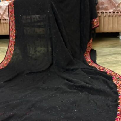 Black pure georgette saree with intricate Kashmiri border and Chikankari embroidery body