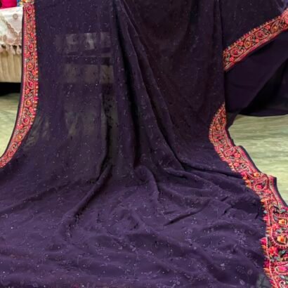 Deep Wine Purple pure georgette saree with intricate Kashmiri border and Chikankari embroidery body
