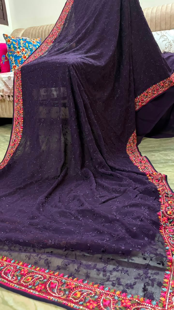 Deep Wine Purple pure georgette saree with intricate Kashmiri border and Chikankari embroidery body