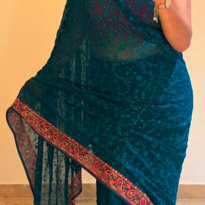 Teal Blue pure georgette saree with intricate Kashmiri border and Chikankari embroidery body
