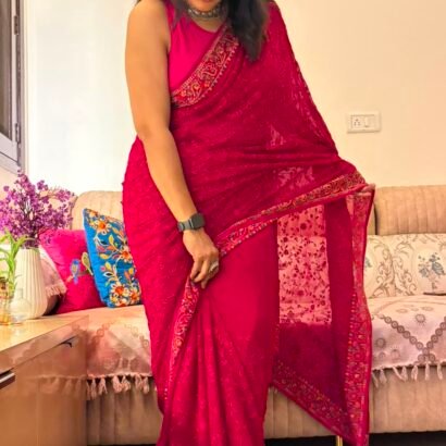 Rani Pink pure georgette saree with intricate Kashmiri border and Chikankari embroidery body
