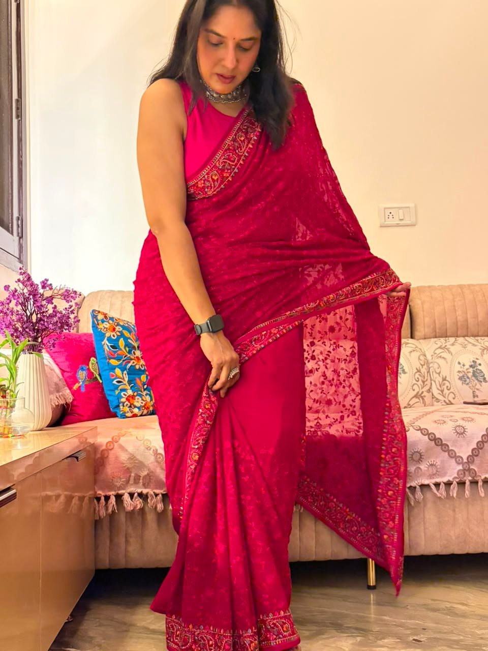 Rani Pink pure georgette saree with intricate Kashmiri border and Chikankari embroidery body