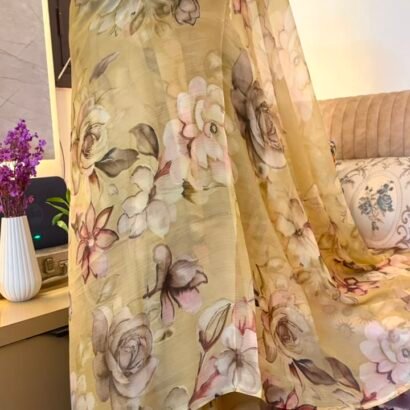 Beige floral digital printed semi chiffon saree