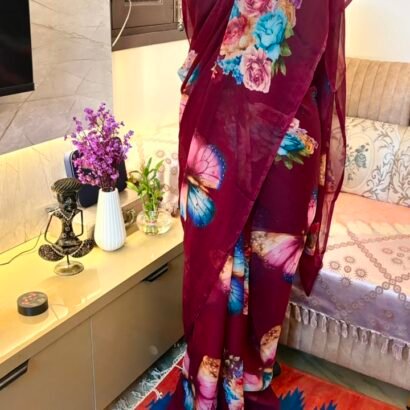 Wine multicolor butterfly floral printed semi chiffon saree