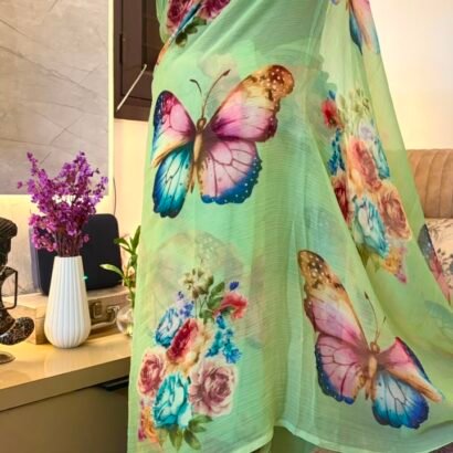 Mint green multicolor butterfly floral printed semi chiffon saree