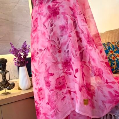 Pink floral digital printed semi chiffon saree