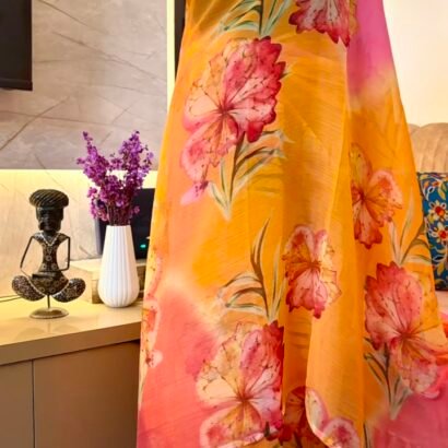 Orange pink floral digital printed semi chiffon saree