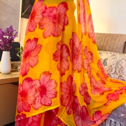 Yellow red floral digital printed semi chiffon saree
