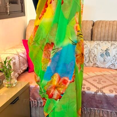Green multicolor floral digital printed semi chiffon saree