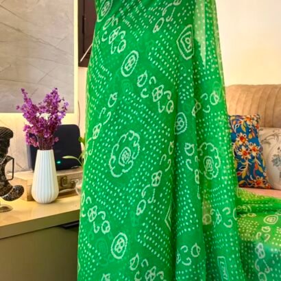 Parrot green printed semi chiffon saree with traditional pattern
