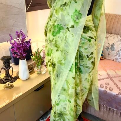 Light green floral digital printed semi chiffon saree