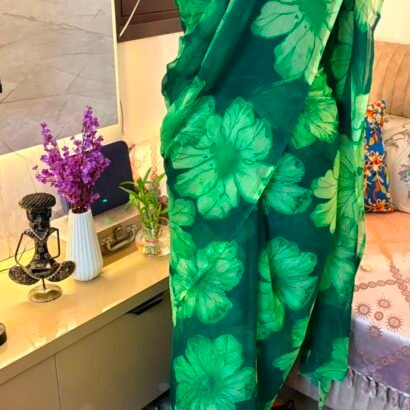 Dark green floral digital printed semi chiffon saree