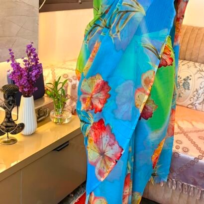 Sky blue multicolor floral digital printed semi chiffon saree