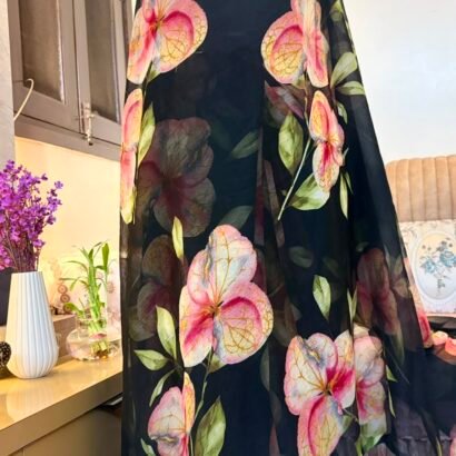 Black multicolor floral digital printed semi chiffon saree