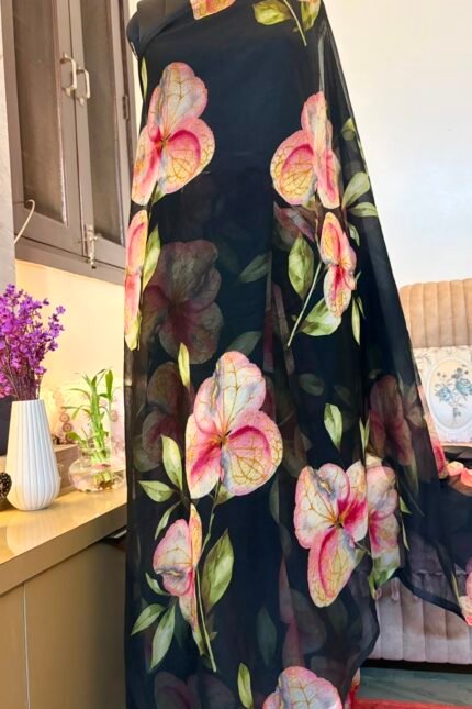 Black multicolor floral digital printed semi chiffon saree