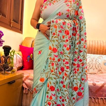 Pastel Mint Green Kashmiri Saree with Multicolor Floral Embroidery