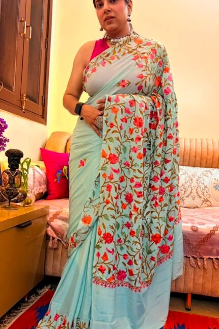 Pastel Mint Green Kashmiri Saree with Multicolor Floral Embroidery