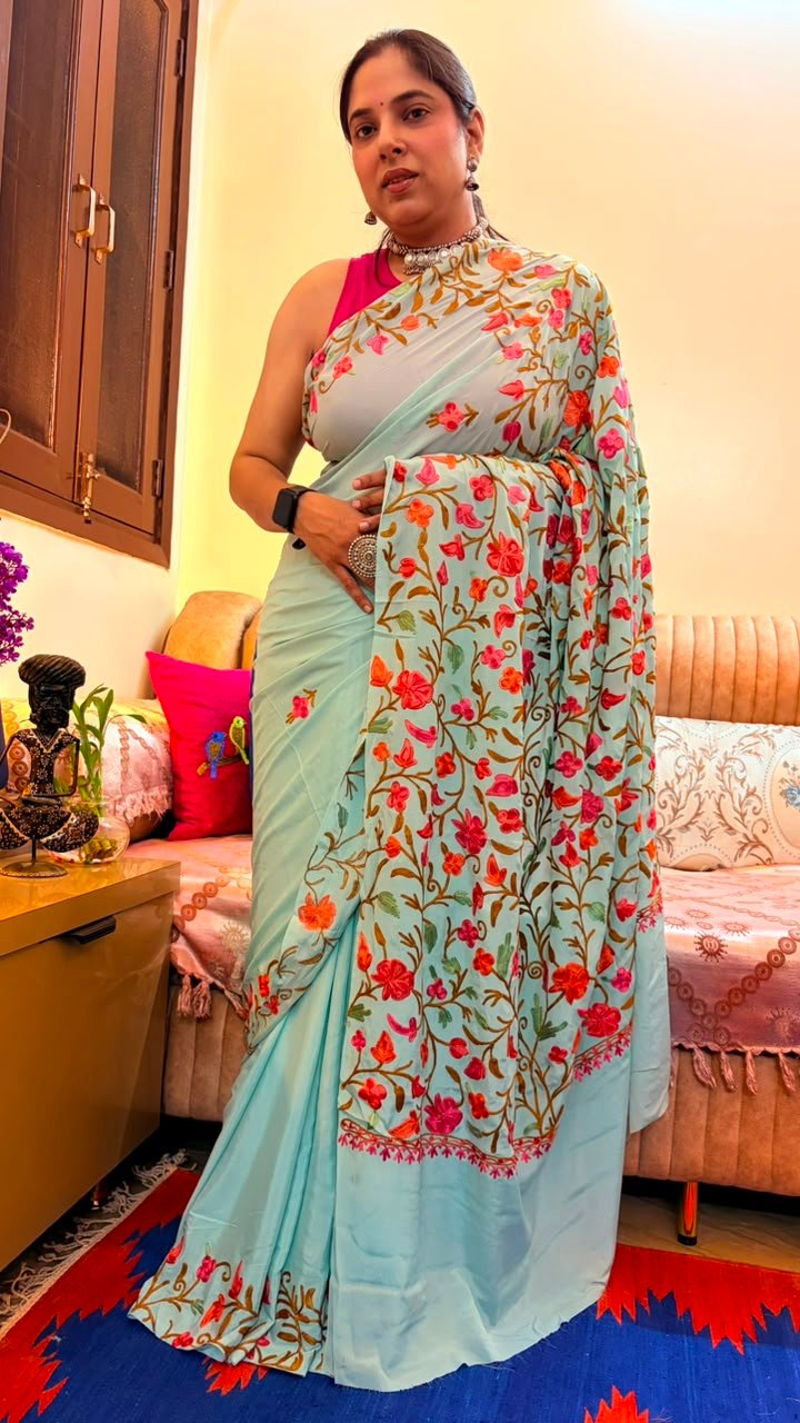 Pastel Mint Green Kashmiri Saree with Multicolor Floral Embroidery