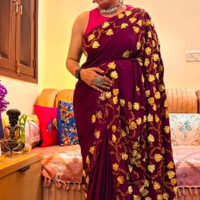 Wine Kashmiri Saree with Mustard Yellow Floral Embroidery
