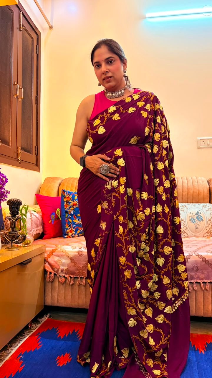 Wine Kashmiri Saree with Mustard Yellow Floral Embroidery
