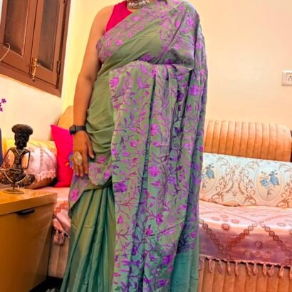 Sage Green Kashmiri Saree with Purple Floral Embroidery
