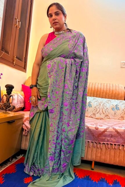 Sage Green Kashmiri Saree with Purple Floral Embroidery