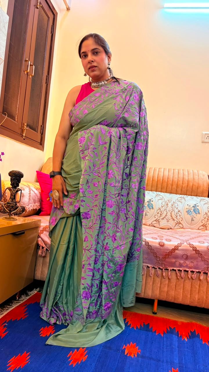 Sage Green Kashmiri Saree with Purple Floral Embroidery