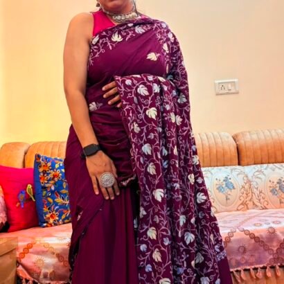 Deep Plum Kashmiri Saree with White and Blue Floral Embroidery