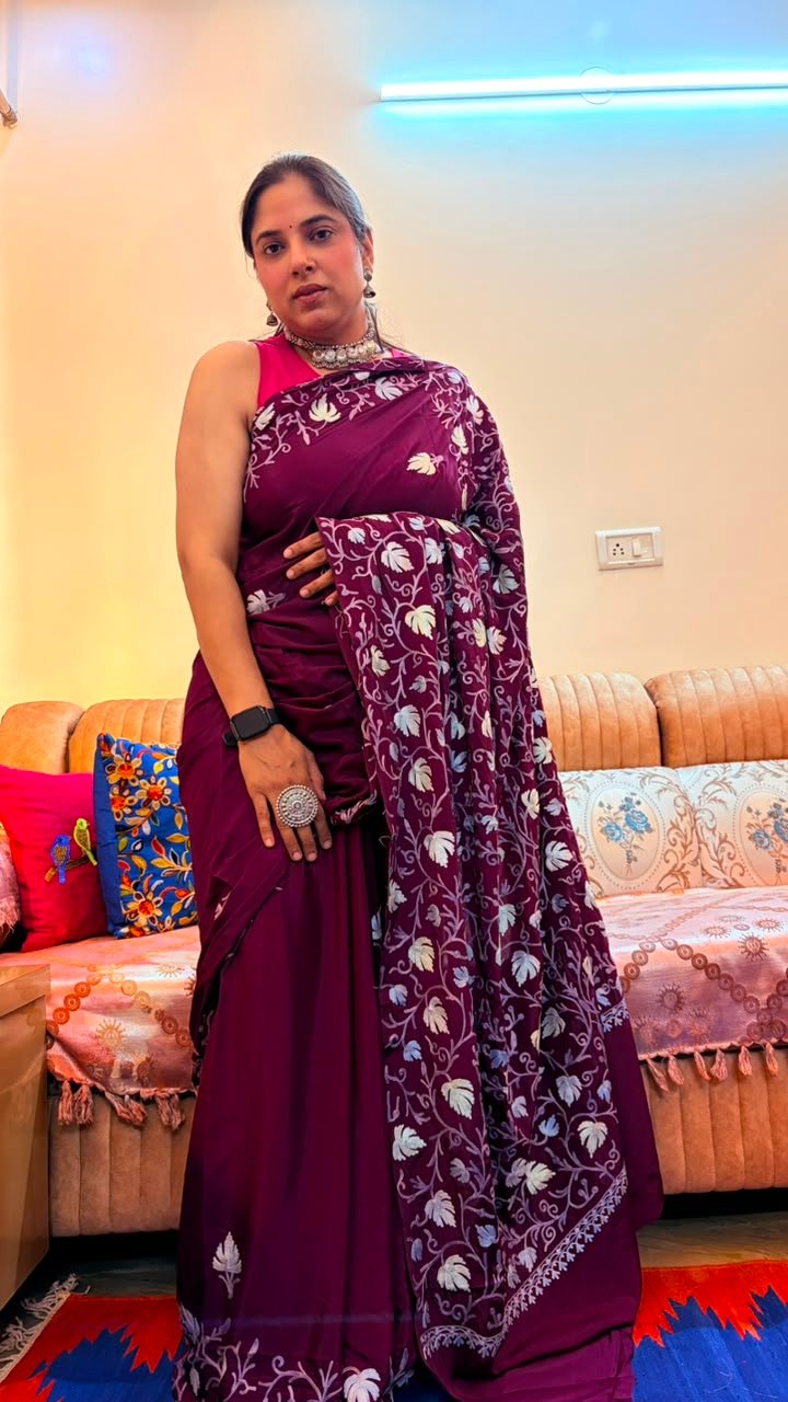 Deep Plum Kashmiri Saree with White and Blue Floral Embroidery
