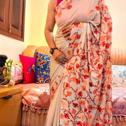 Ivory Cream Kashmiri Saree with Orange Floral Embroidery