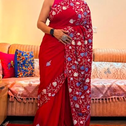 Red Kashmiri Saree with White and Blue Floral Embroidery