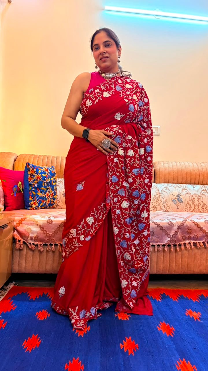 Red Kashmiri Saree with White and Blue Floral Embroidery