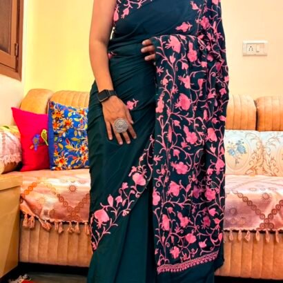 Dark Teal Green Kashmiri Saree with Pink Floral Embroidery