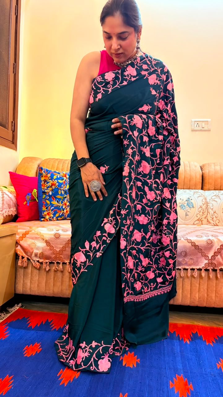 Dark Teal Green Kashmiri Saree with Pink Floral Embroidery