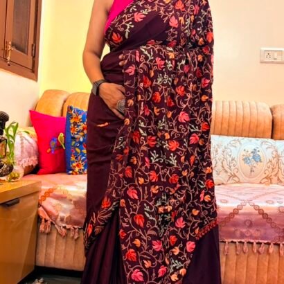 Dark Maroon Kashmiri Saree with Multicolor Floral Embroidery
