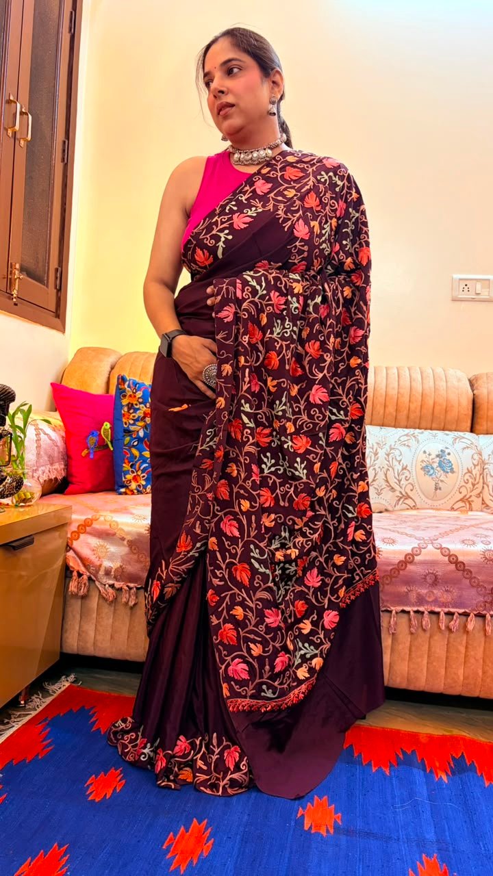 Dark Maroon Kashmiri Saree with Multicolor Floral Embroidery