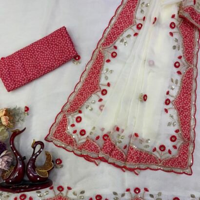 NC Moss Durga Puja saree with applique sequin work and scallop border