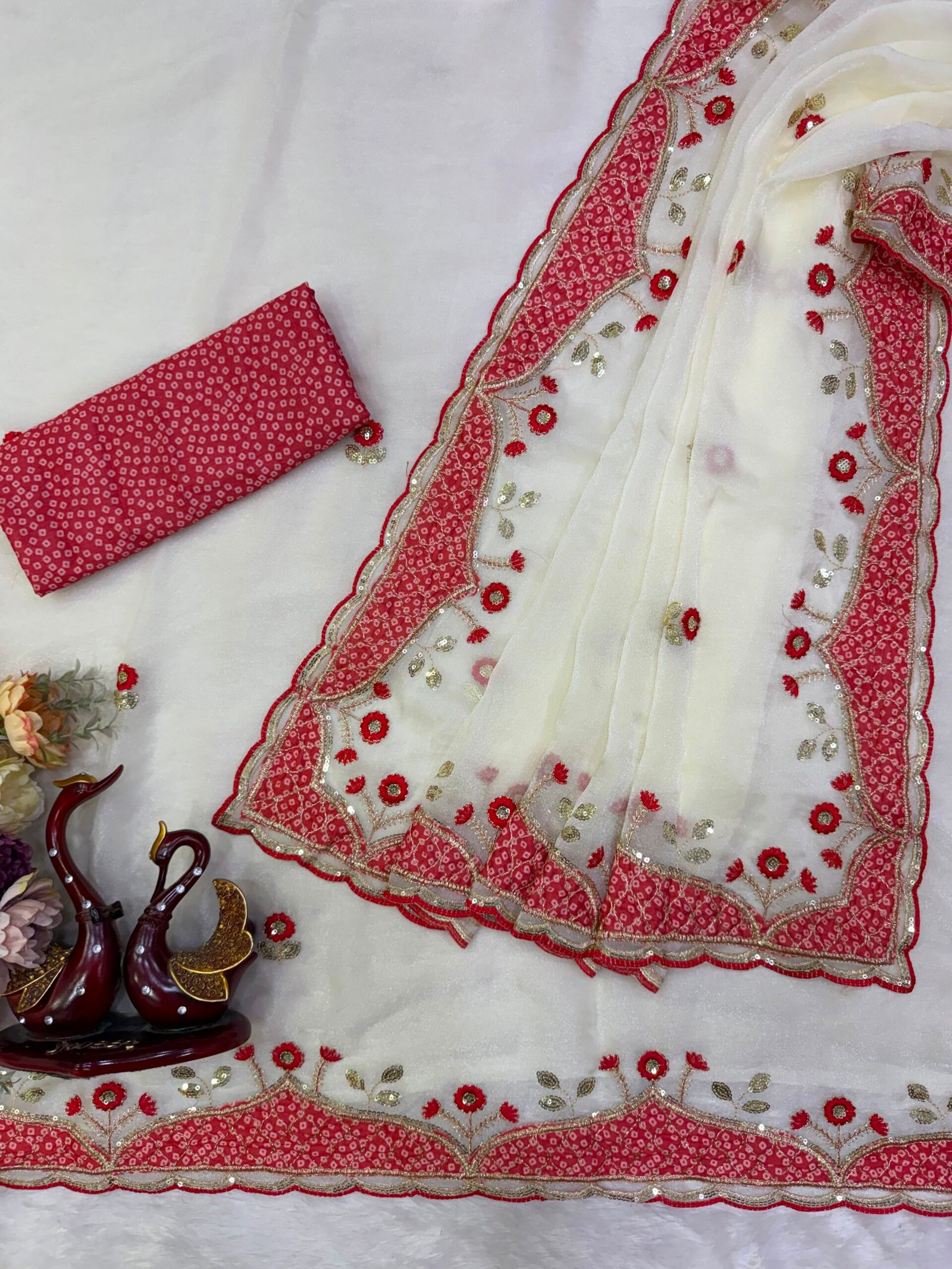 NC Moss Durga Puja saree with applique sequin work and scallop border